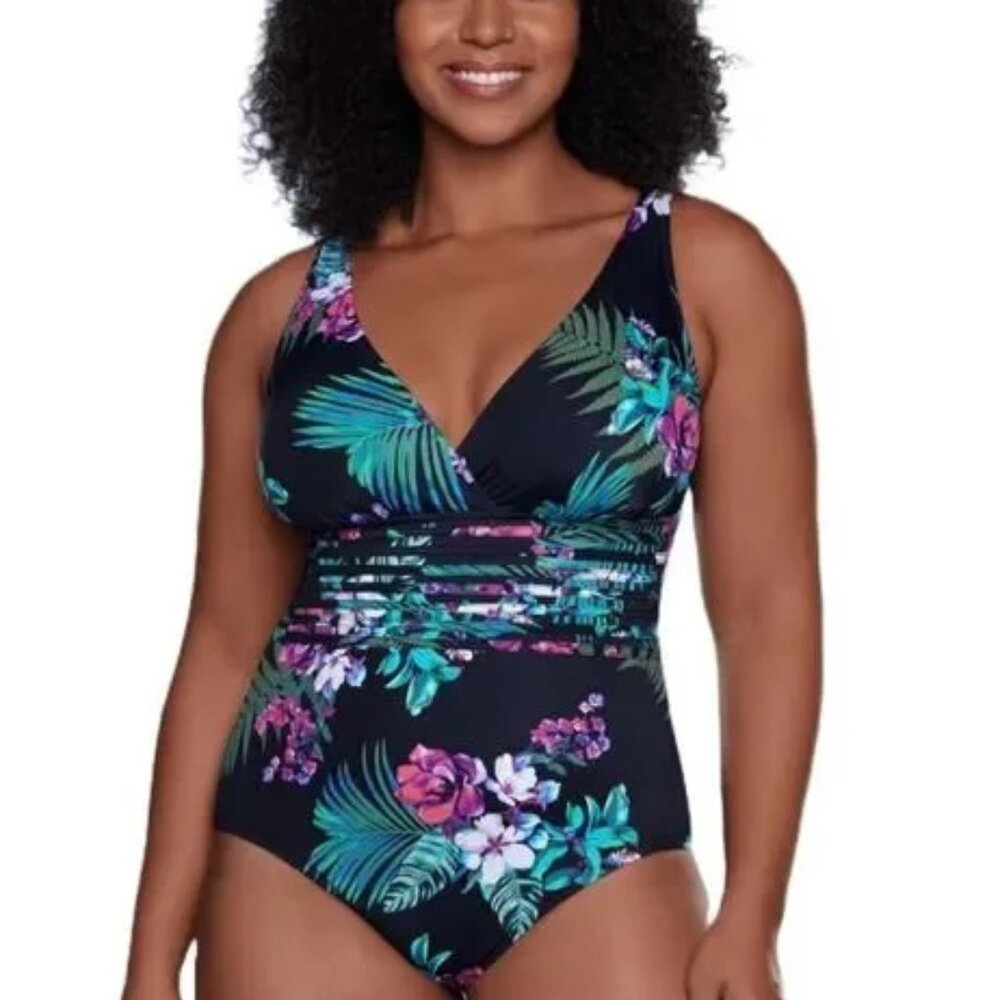 AQUA GREEN  BLACK FLORAL V-NECK CROSSOVER ONE PIECE SWIMSUIT PLUS SIZE 24 NWT
